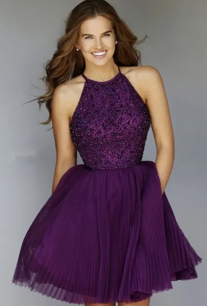 Cheap Bridesmaid Dress Vestido Purple Beaded Halter Back Open Short A Line Skirt Special Occasion Dresses Party Prom Gowns