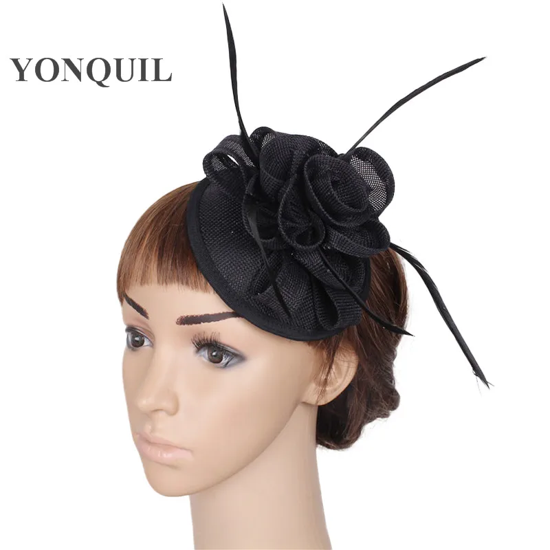 Elegant Imitation Sinamay Fascinators With Feather Wedding Headwear Event Occasion Cocktail Hat Black Hair Accessories