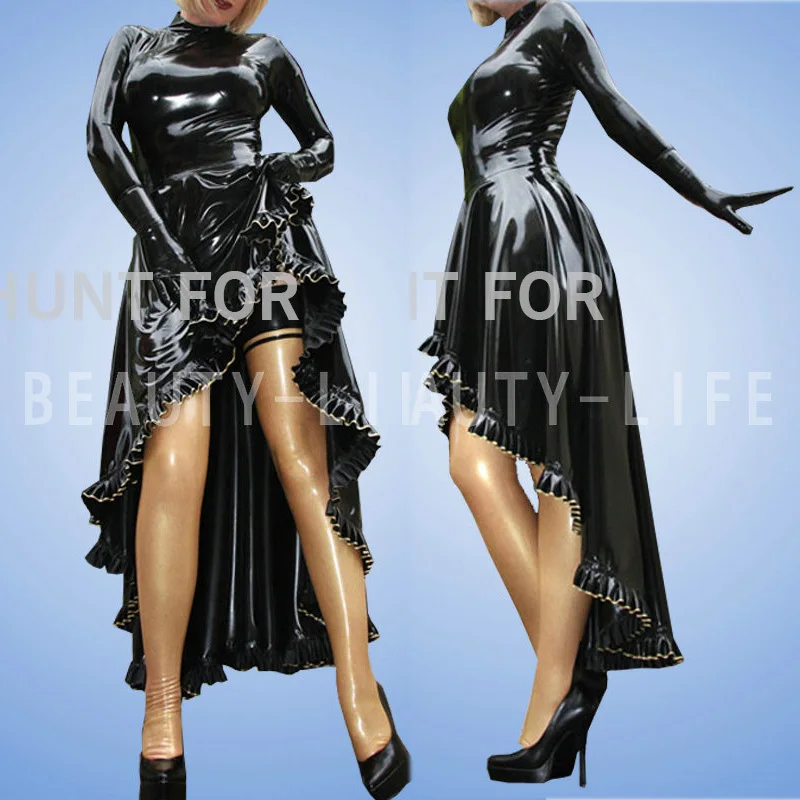 Latex Dress Sexy Long Skirt for party exotic sleeve with Ruffles Handmade miti layer hemline