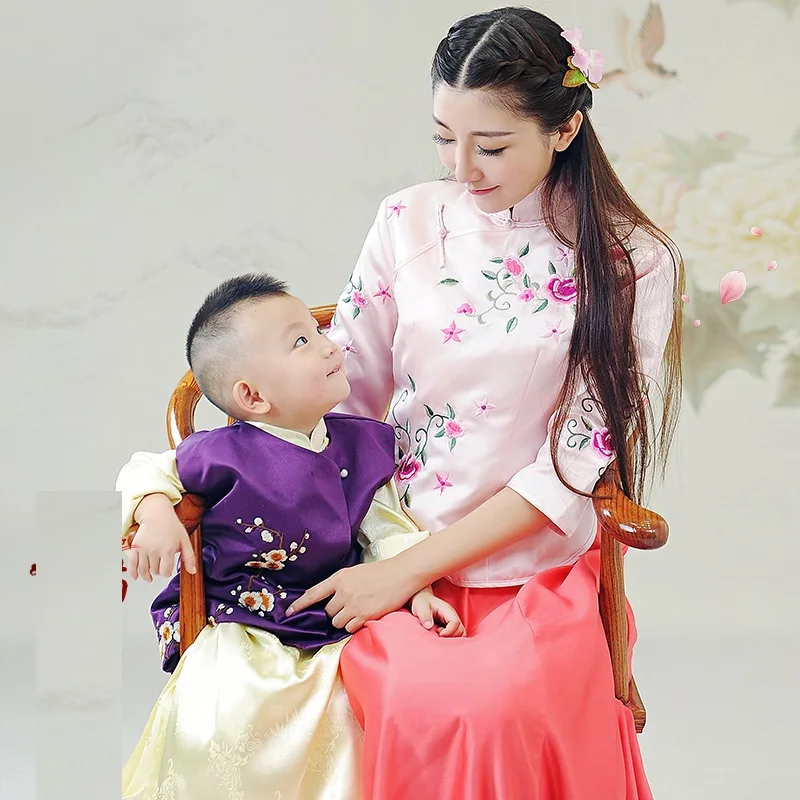 Children's Day Republican Period Mum and Son Parent Child Costume Sets Trditional Hanfu Stage Performance Costume Hanfu