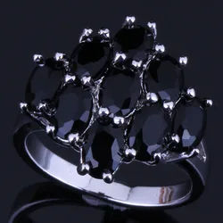 Dazzling Oval Black Cubic Zirconia Silver Plated Ring V0420