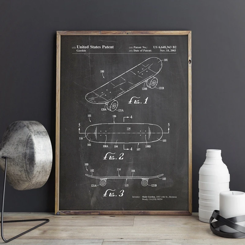 Double Kick Skateboard Patent Canvas Painting Skater Wall Art Posters Print Home Room Decor Vintage Print Blueprint Sports Gift