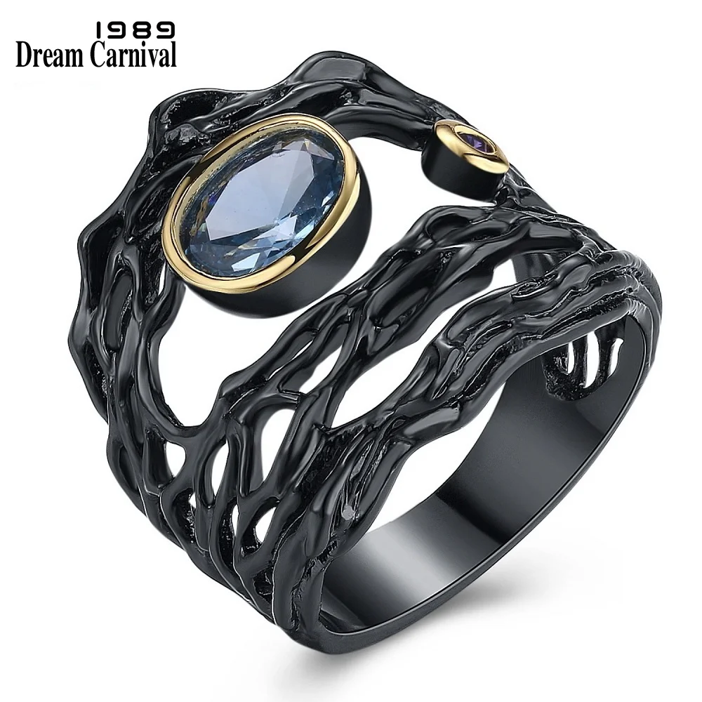 DreamCarnival 1989 Neo-Gothic Series Hollow Sea Blue Zirconia Vintage Ring for Women Black Gold Color Braided Jewelry Drop Ship