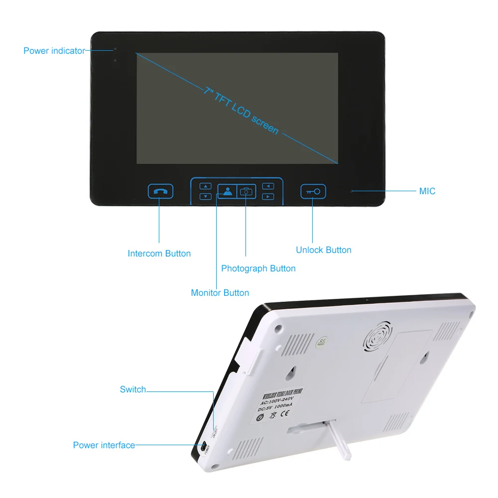 HomeEye – sonnette vidéo numérique sans fil 2.4GHz, système d'accès à l'interphone, batterie intégrée, 7 pouces, touche tactile LCD tft, étanche à la pluie