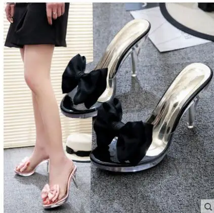 Slippers Women Sweet Bowtie Crystal Slippers Woman Transparent Open Toe Outdoor Female Shoes Silver Summer Shoes Woman Sandals