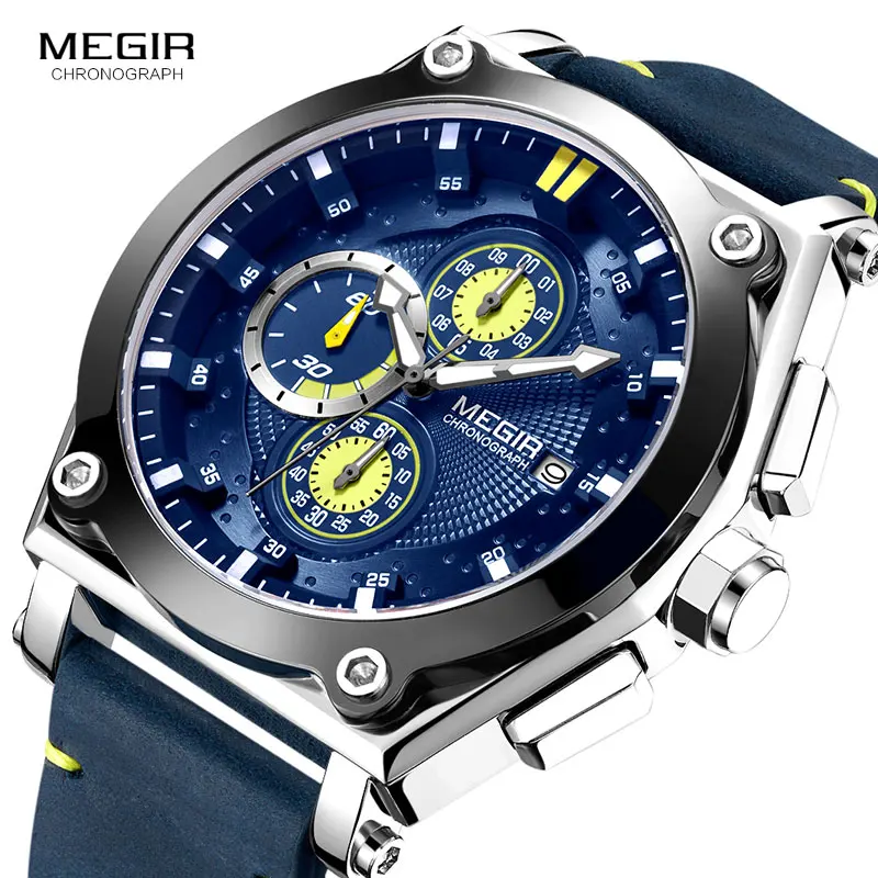 Megir Men\'s Leather Strap Quartz Watches Army Sports Chronograph Waterproof Wristwatch for Man Luminous Relogios Clock 2098 Blue