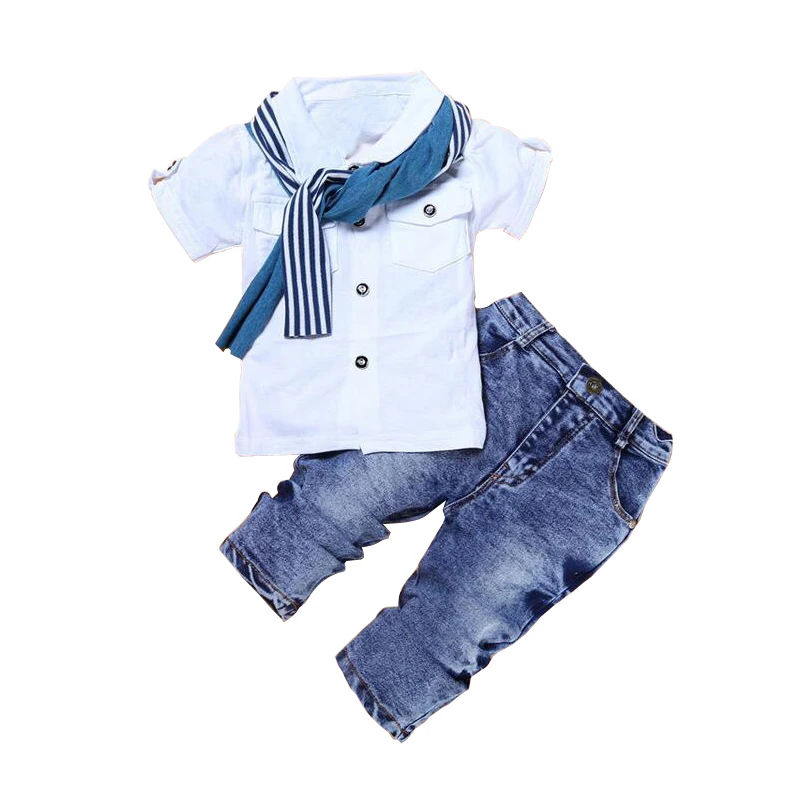 2022 New Spring Boys Clothing Sets Short T-shirt + Jeans + Scarf 3Pcs Kids Suit For 2-6 Years Old Children Birthday Present