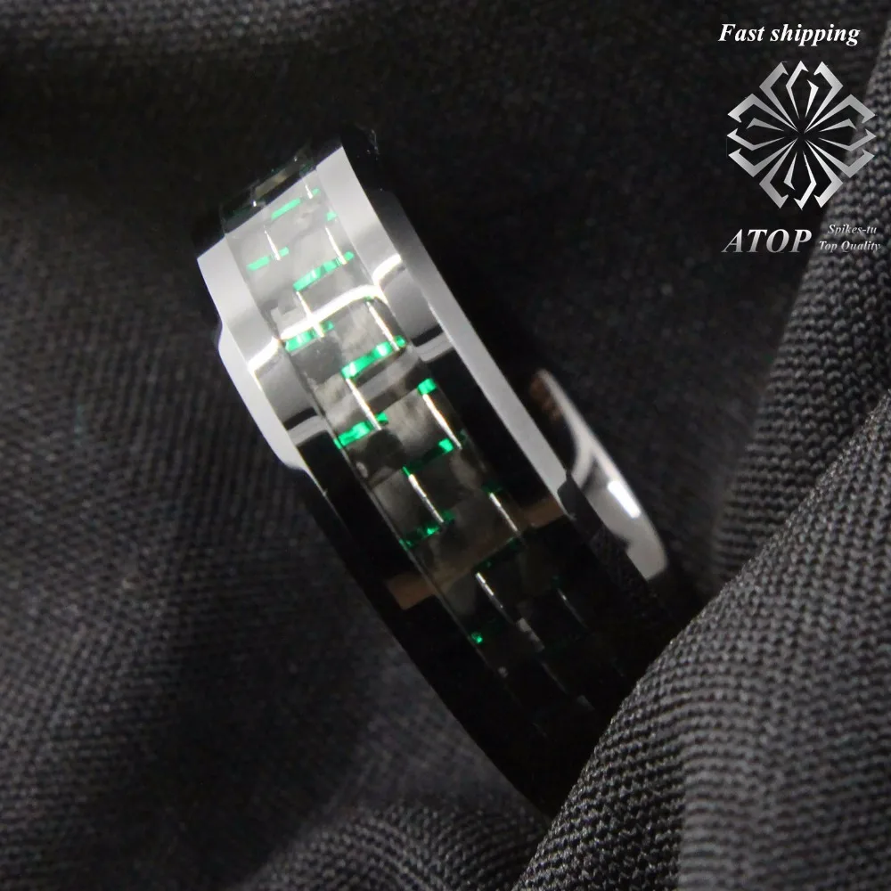 Men's jewelry Tungsten Ring with Carbon Fiber 8mm Black and Green Wedding Band Free Shipping