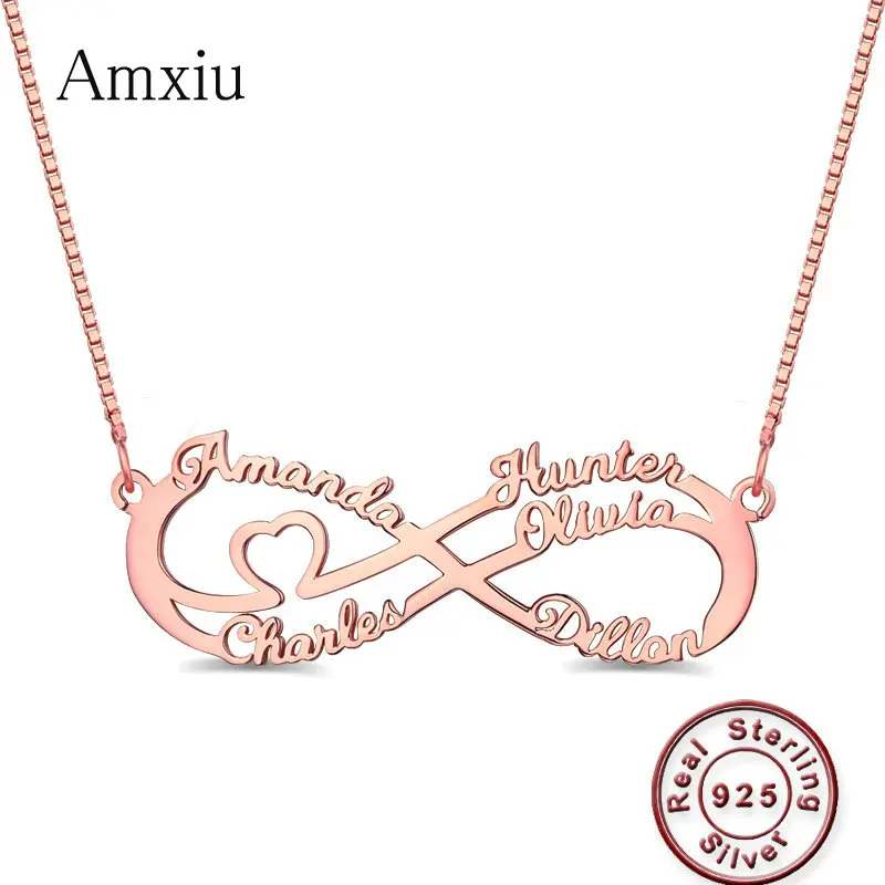 

Amxiu Custom 925 Sterling Silver Bowknot Necklace Engrave 1-5 Names Necklace For Woman Mother's Gift Family Name Necklace Bijoux