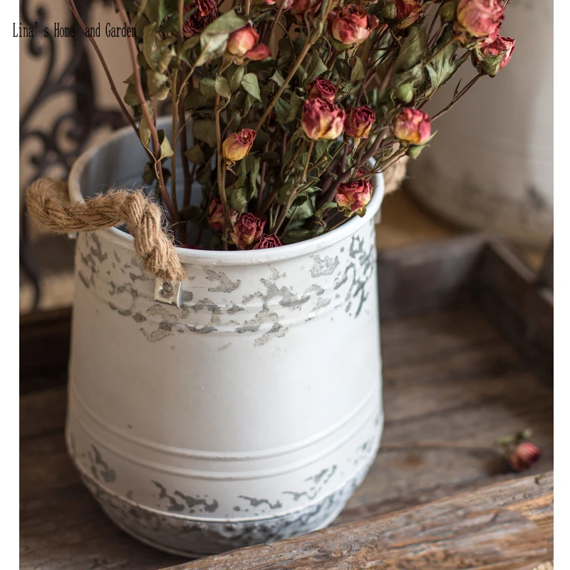 hemp rope handles tapered handcrafted retro vintage metal planter bucket