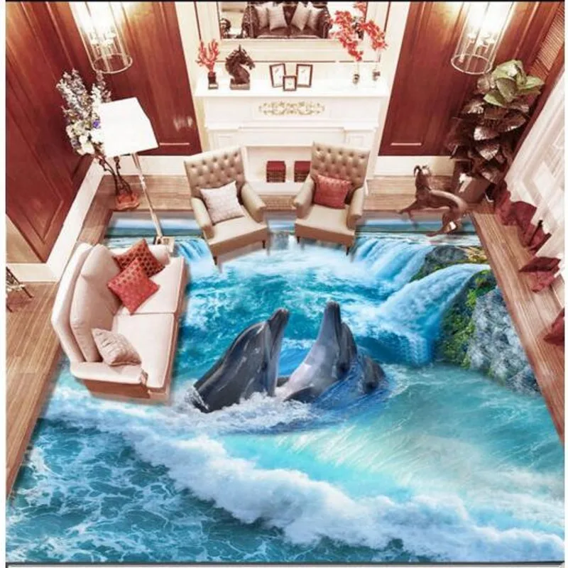 beibehang ultra - high - definition waterfall dolphins living room kitchen 3D floor ultra - green 3D board to paint the