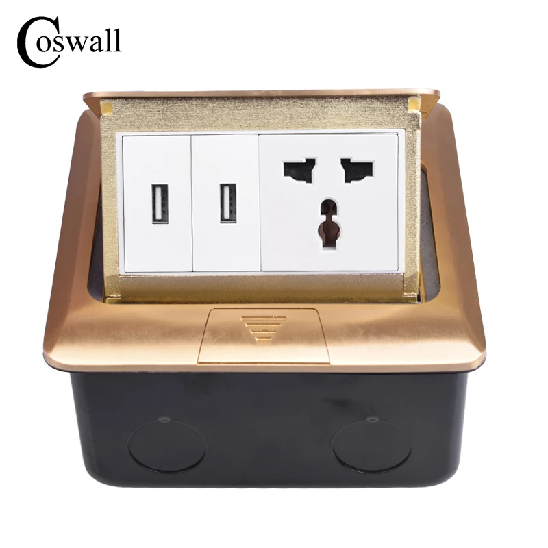 Coswall Pure Copper Gold Panel Pop Up Floor Socket Universal EU UK US Power Outlet With Dual USB Charge Port Metal Box