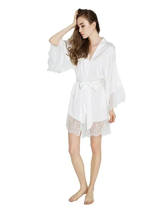 Sexy Wedding Dressing Gown Women Short Satin Bride Robe Lace Silk Kimono Bathrobe Summer Bridesmaid Nightwear Plus Size Peignoir