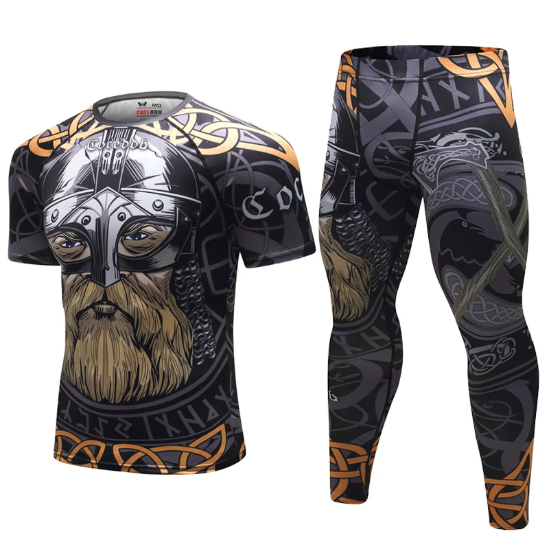 Men\'s Viking Print Training Set Men Running Sets Compression Quick Dry Sports Suits Skinny Tights Clothes Gym Fitness Sportswear