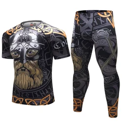 Men's Viking Print Training Set Men Running Sets Compression Quick Dry Sports Suits Skinny Tights Clothes Gym Fitness Sportswear