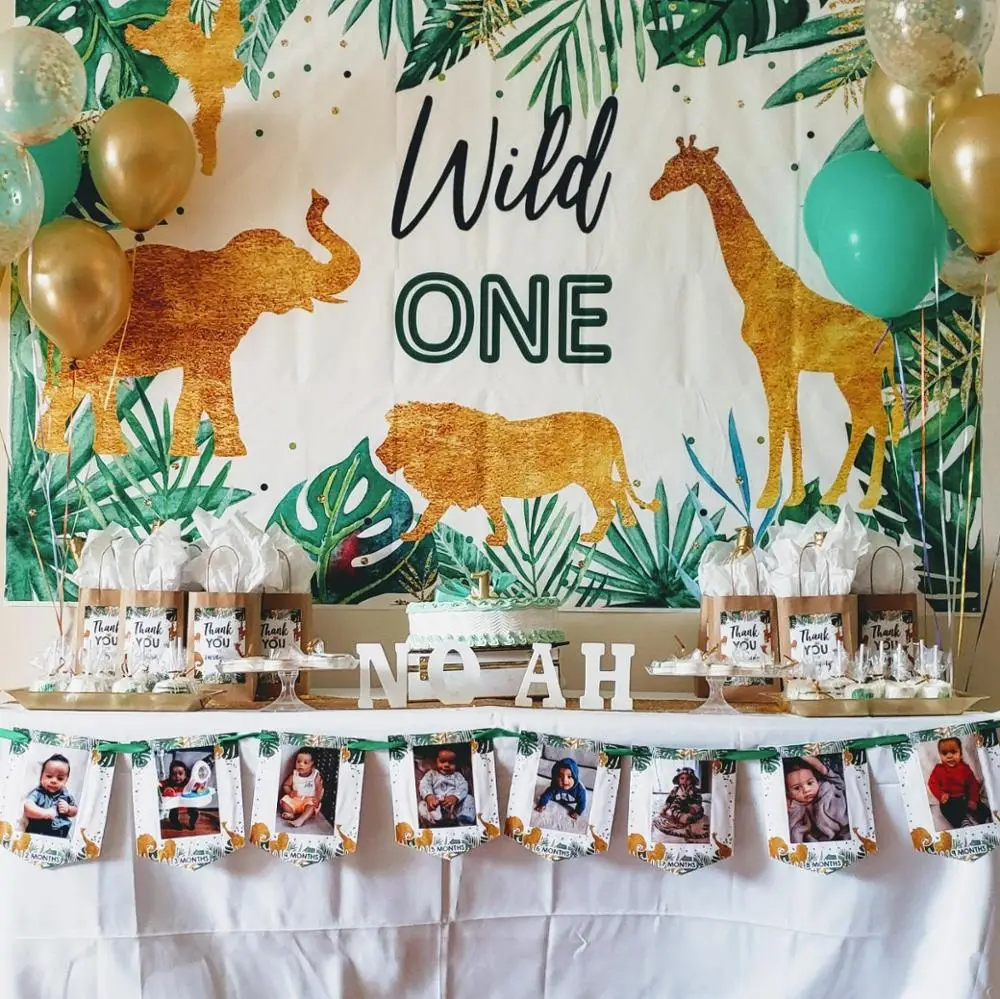 Fondo con diseño de animales salvajes para cumpleaños, telón de fondo con diseño de hojas tropicales de Safari dorado para fiesta de cumpleaños, Decoración de mesa de pastel