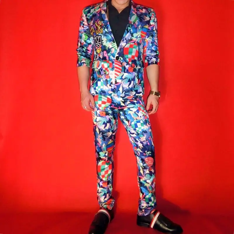 New Men's Fashion Camouflage Suit Costumes Nightclub Male Singer Bar DJ Party Badge Stage Dance Wear