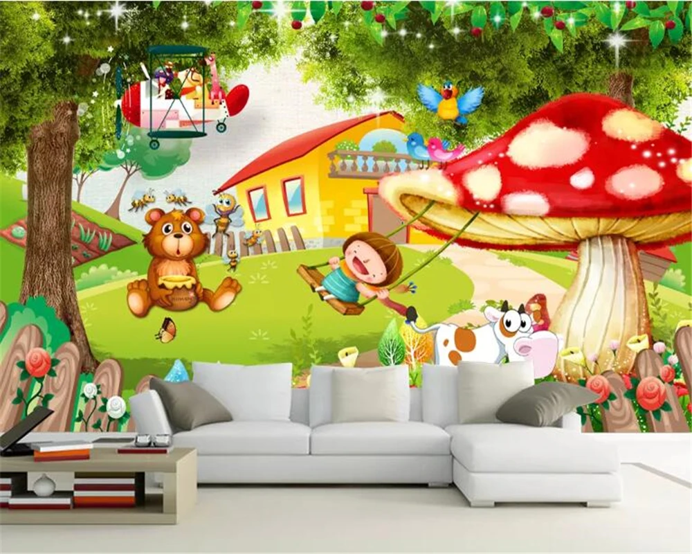 

Beibehang Custom 3D Photo Mural Wallpaper Children's room mushroom room cartoon forest animal plane Mural Bedroom 3d Wallpaper