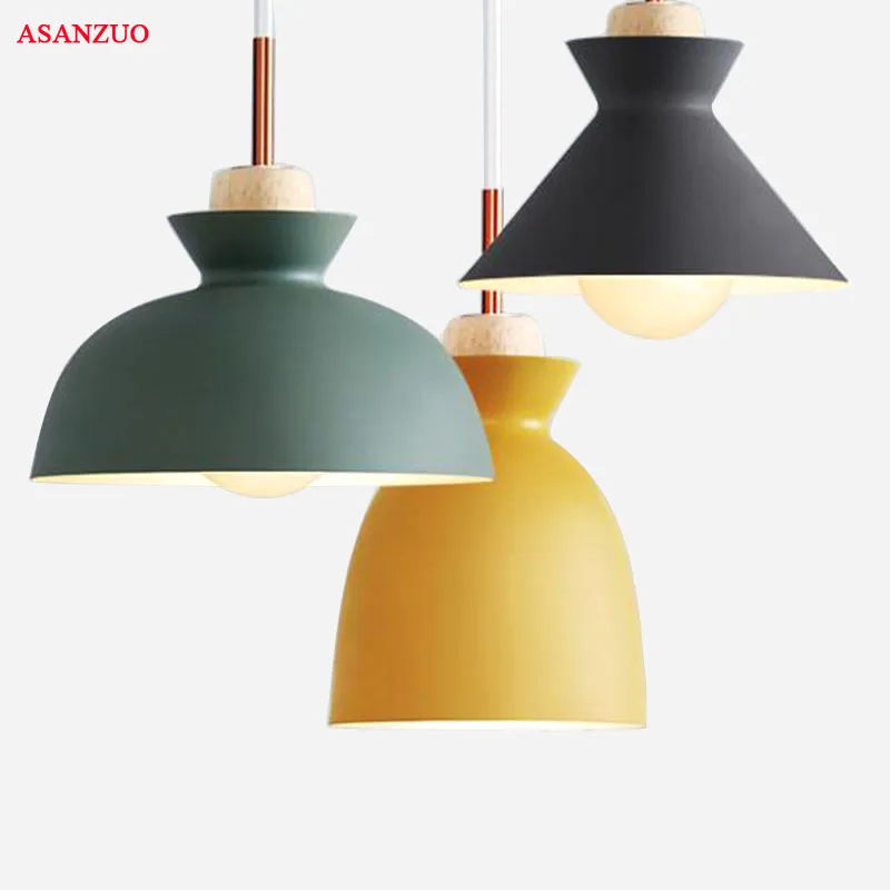 

Fashion Colorful Wood Pendant Lights Lamparas Modern design Aluminium shade Luminaire Dining Room Light Macaron Pendant Lamp