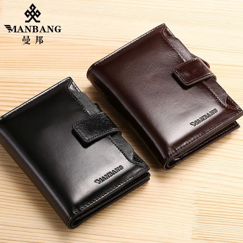 ManBang Genuine Leather Men Wallets Fashion Trifold Wallet Zip Coin Pocket Purse Cowhide Leather man wallet high quality