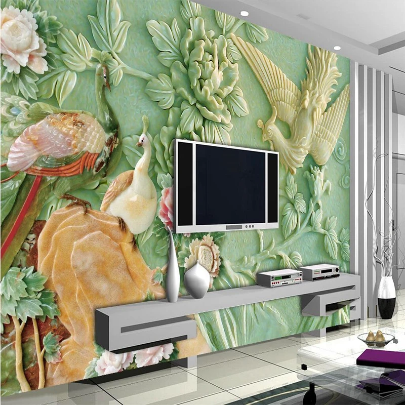 

beibehang Large mural Home Decor Chinese peacock relief Murals Pared Wall paper Hotel Background Mural wallpaper for Living Room