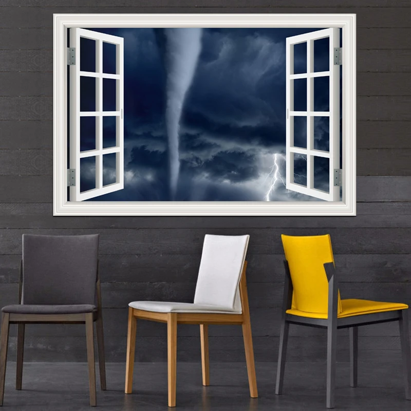 3D Window Scenery Wall Sticker, Amazing Nature, Tornado Decals, PVC Wall Papers Peel And Stick , Home Decor, Living Room Art