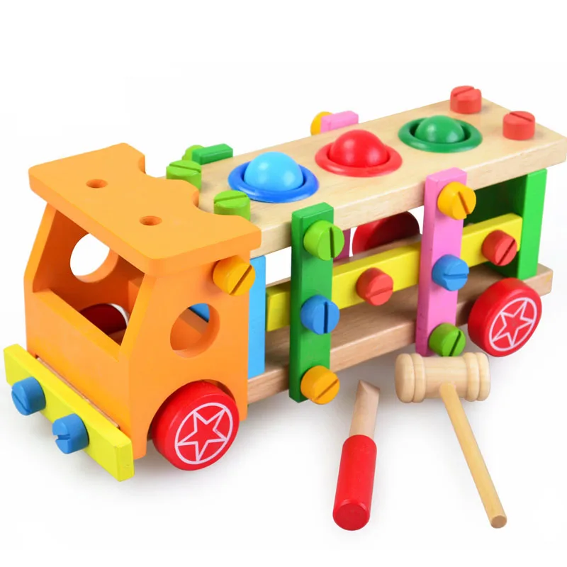 

DIY Wood Building Blocks Nut Disassembly Knocking Cart toy Early Education Composite Paired Building Blocks Wooden Truck Car