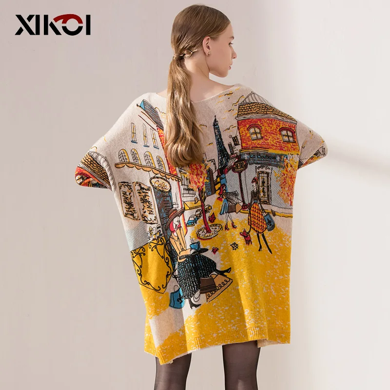 XIKOI Women New Knitted Oversized Sweaters Dress Novel Elegant Ladies Print Winter Warm Long Pullovers Loose Clothing Pull Femme