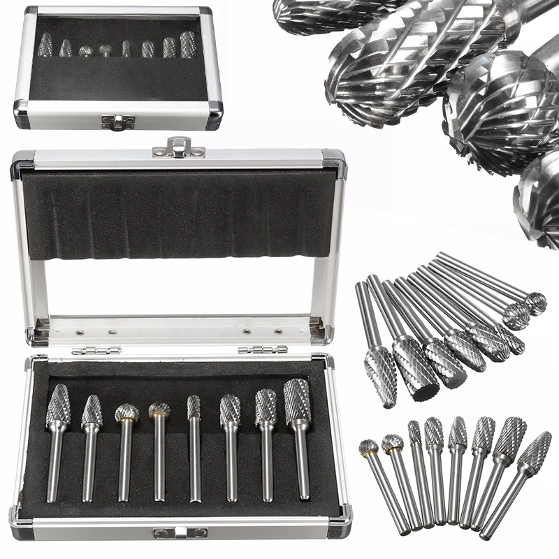 8PCS x 1/4'' Shank Double Cut Carbide Burr Die Grinding Rotary Bit Set W/Case