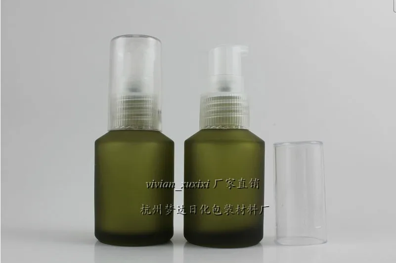 

50pcs wholesale 30ml light green frosted round lotion bottle, empty green glass 1 ounce cosmetic bottles for liquid cream