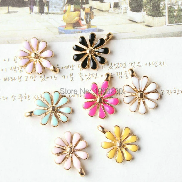 

new design 50pcs/lot colorful gold-color flowers style cartoon daisy shape metal charms diy jewelry floating pendants accessory