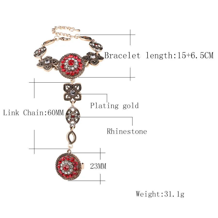 Boho Red Crystal Flower Finger Ring Bracelet Vintage Antique Gold Hand Harness Bracelets For Women Indian Wedding Jewery