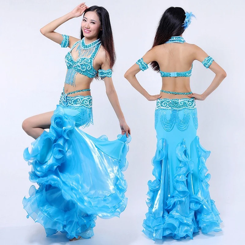5pcs/Set hand-made sewed Belly Dance Costumes Popular Oriental dancing Set Dresses Bra+Belt+Skirt+Necklace+Arms