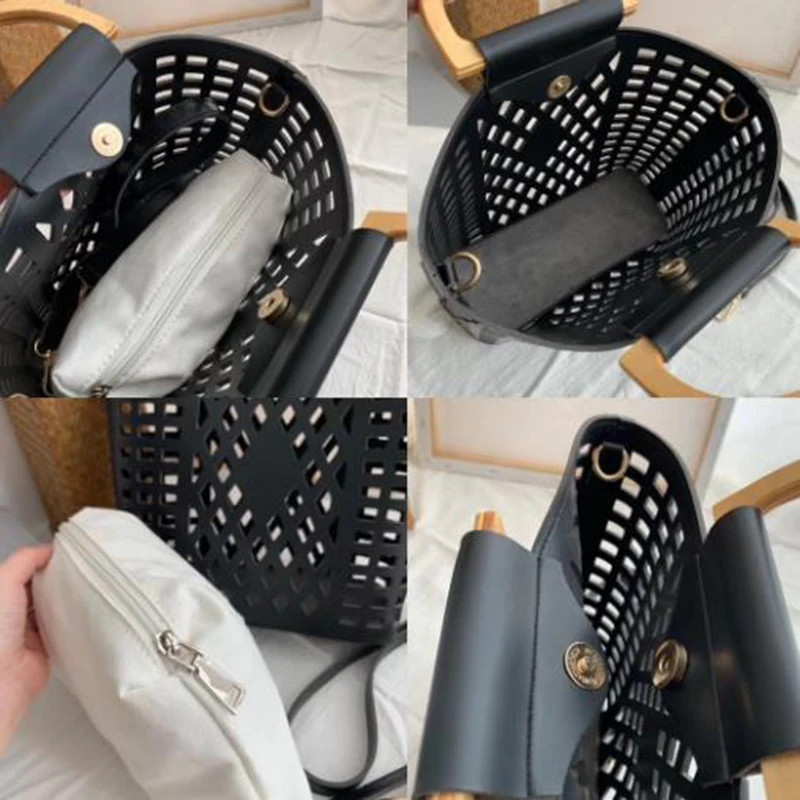 Women Bags Handbags Famous Brands Hollow Out Beach Bag Bolsa Feminina Wood Handle Tote Bags PU leather Shoulder Bag Purses