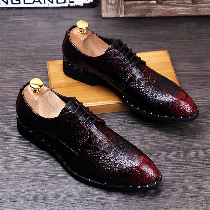 Fashion Men\'s Crocodile Grain Leather Dress Shoes Man Casual Pointed Toe Oxfords Mens Lace-Up Business Office Oxford Shoe