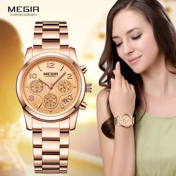 Megir นาฬิกา Chronograph นาฬิกาควอตซ์ผู้หญิง Luxury Rose Gold นาฬิกาข้อมือ Relogio Feminino часы женские 2057