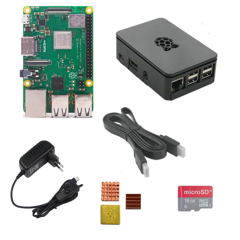 Raspberry Pi 3 Modelo B + con carcasa de ABS, adaptador de corriente de 5V 3A, disipador de calor de aluminio y cable HDMI, tarjeta SD opcional para RPI 3 B plus