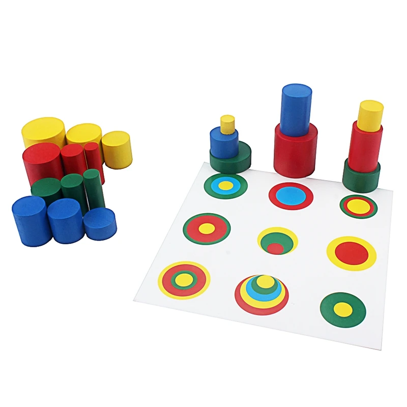 Os brinquedos sensoriais montessori colorem 20 blocos de cilindro de madeira dos pces com o cartão do suporte de 6 pces coloridos comparam o tamanho/tamanho pequeno da cor