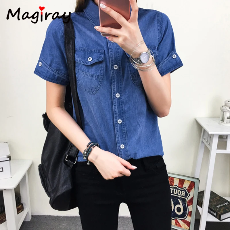 Magiray Harajuku Denim Blouse Women Summer Short Sleeve Vintage Jeans Shirt Femme Baggy Button Pocket Casual Blusa Feminina 316