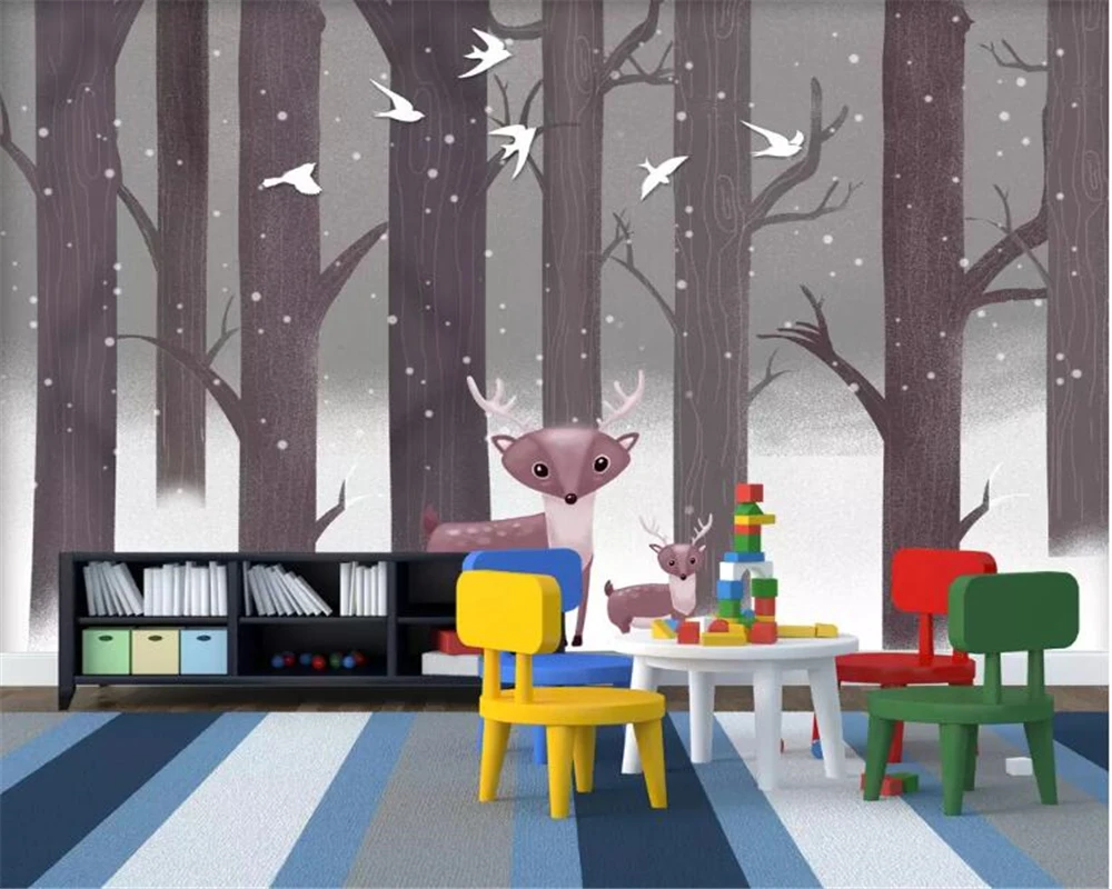 

beibehang Custom Any Size 3d Wallpaper Mural Winter forest cartoon deer Children's room TV Background Wall 3d wallpaper behang