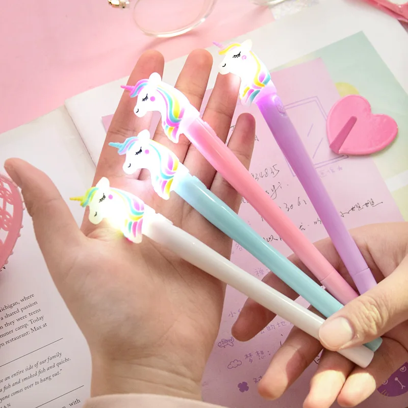 1 Pcs Creative Cute Cartoon Unicorn Gel Pen Novelty LED Lights Pen Student Writing Signing Pen Gift Stationery School Supplies