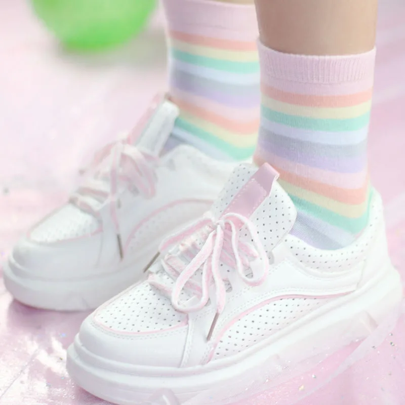 2024 new women socks 1 pair long cotton rainbow color striped printed novelty fashion lady autumn socks