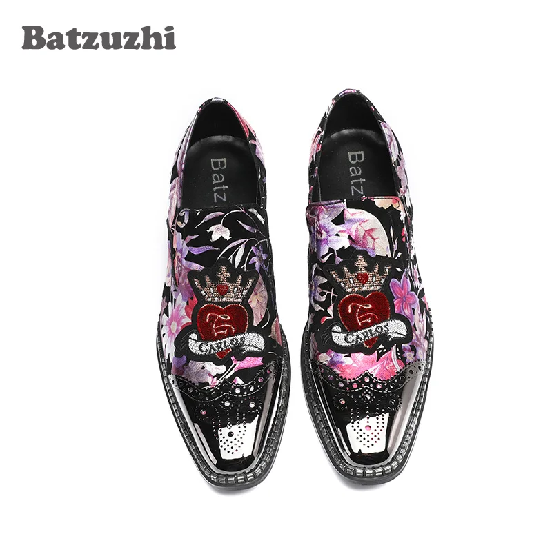 Batzuzhi 2018 New Handmade Men Shoes Silver Metal Tip Black Suede Print with Flowers Rock Men's Dress Shoes Party Runwawy, 38-46