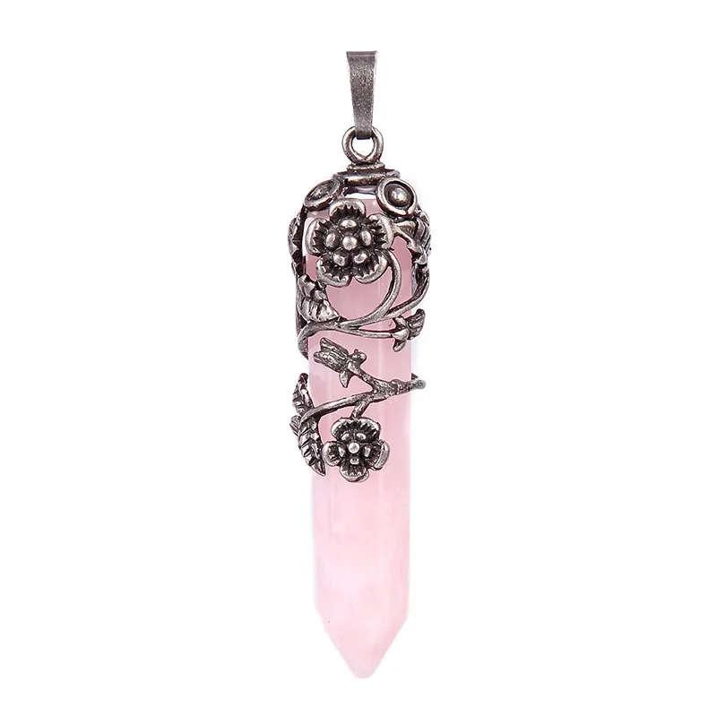 Antique Silver Color Flower Pendant Big Size Natural Gem Stone Hexagonal Pink Crystal Quartzs Malachite Women Necklace Pendants