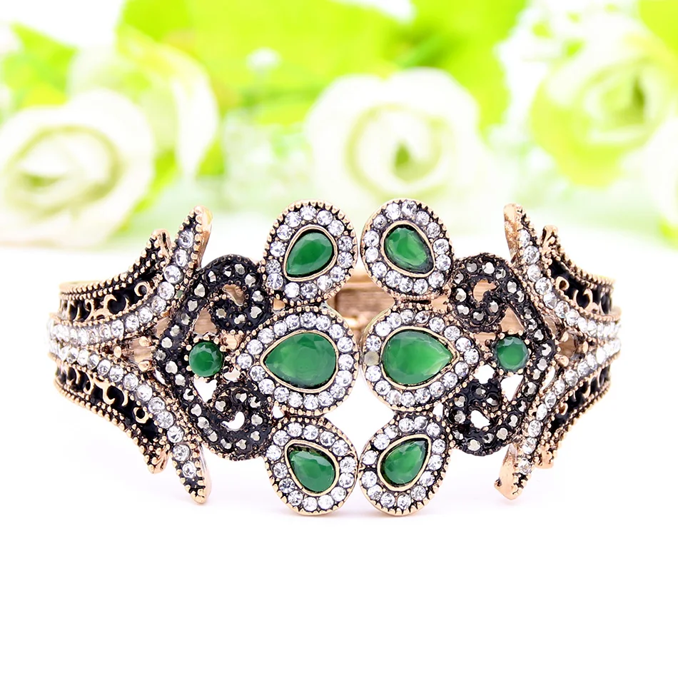 Sunspicems Ethnic Resin Flower Bangle Bracelet Turkish Crystal Jewelry Antique Gold Color Peacock Cuff Bracelets Tulip Bangle