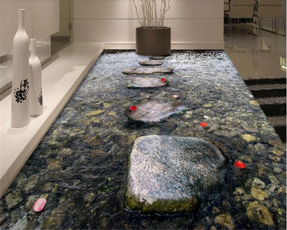 beibehang Custom floor painting 3d self-adhesive stone path stream water bathroom 3D decorative floor tile living room flooring