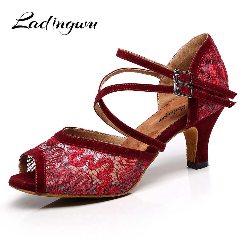 Ladingwu Lace Latin Dance Shoes For Woman Ballroom Dancing Shoes For Women Salsa Performance Dance Shoes For Red Black Brown