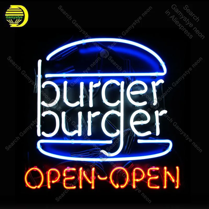 Burger Open Neon Sign Glass Tube Handcraft Neon Light Recreation Vintage Decor Iconic Sign Anime Room Decor Indoor Lighting Lamp