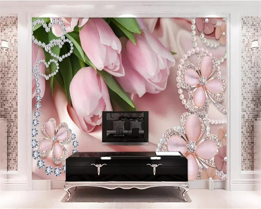 wellyu papel de parede Custom wallpaper 3d mural pink diamond jewelry tulip clover TV background wall living room wallpaper обои