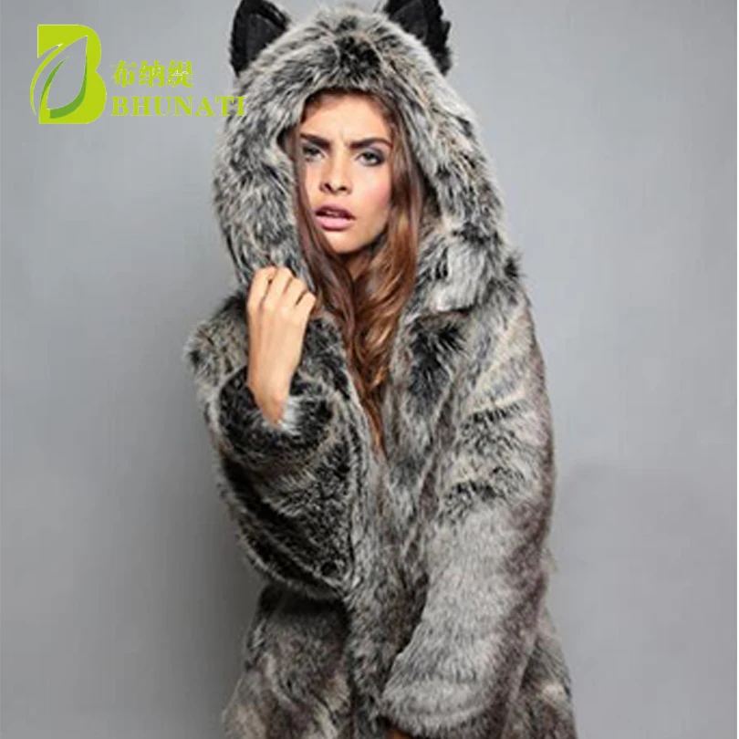 Chaqueta de invierno para mujer, abrigo de piel largo y grueso y cálido, abrigo con capucha con orejas de animales, abrigos elegantes de piel